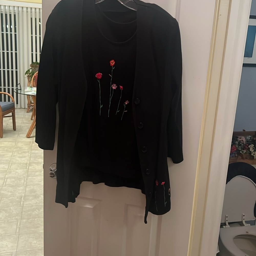 Black Cotton Floral Embroidered Women's Jacket With Matching Tank Top